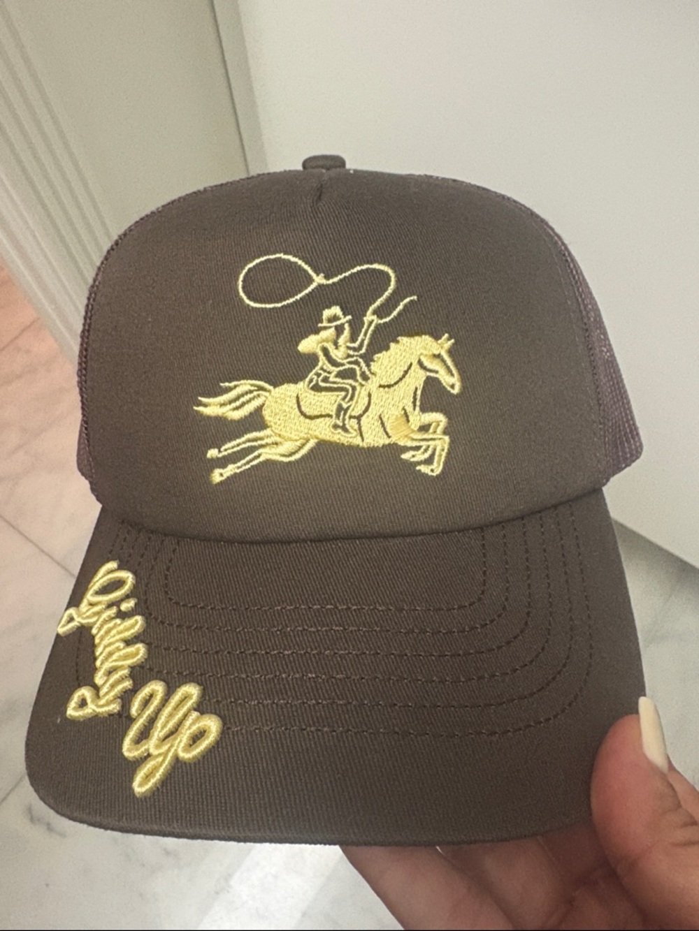 Brown Trucker Cap with Yellow Rodeo Embroidery